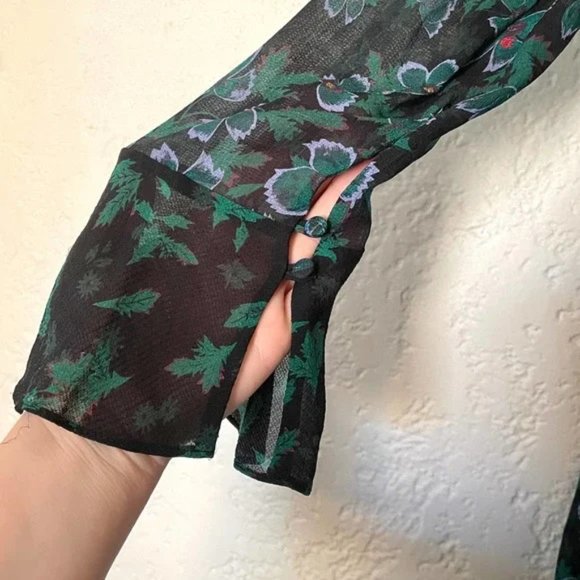 Tanya Taylor Green Floral Althea Silk Ruffle Midi Cold Shoulder Dress whimsigoth - Picture 8 of 13